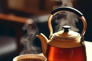 Bir fincan kahve ve demlik çay yan yana